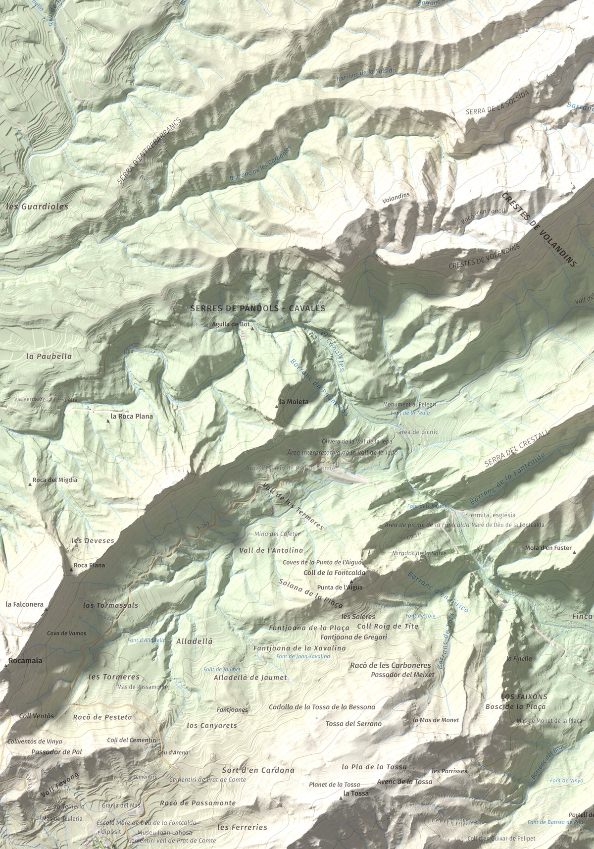 Mapa topográfico del relieve: Puig Cavaller, 706 m. Detalle de la zona inferior izquierda. 70 × 100 cm.