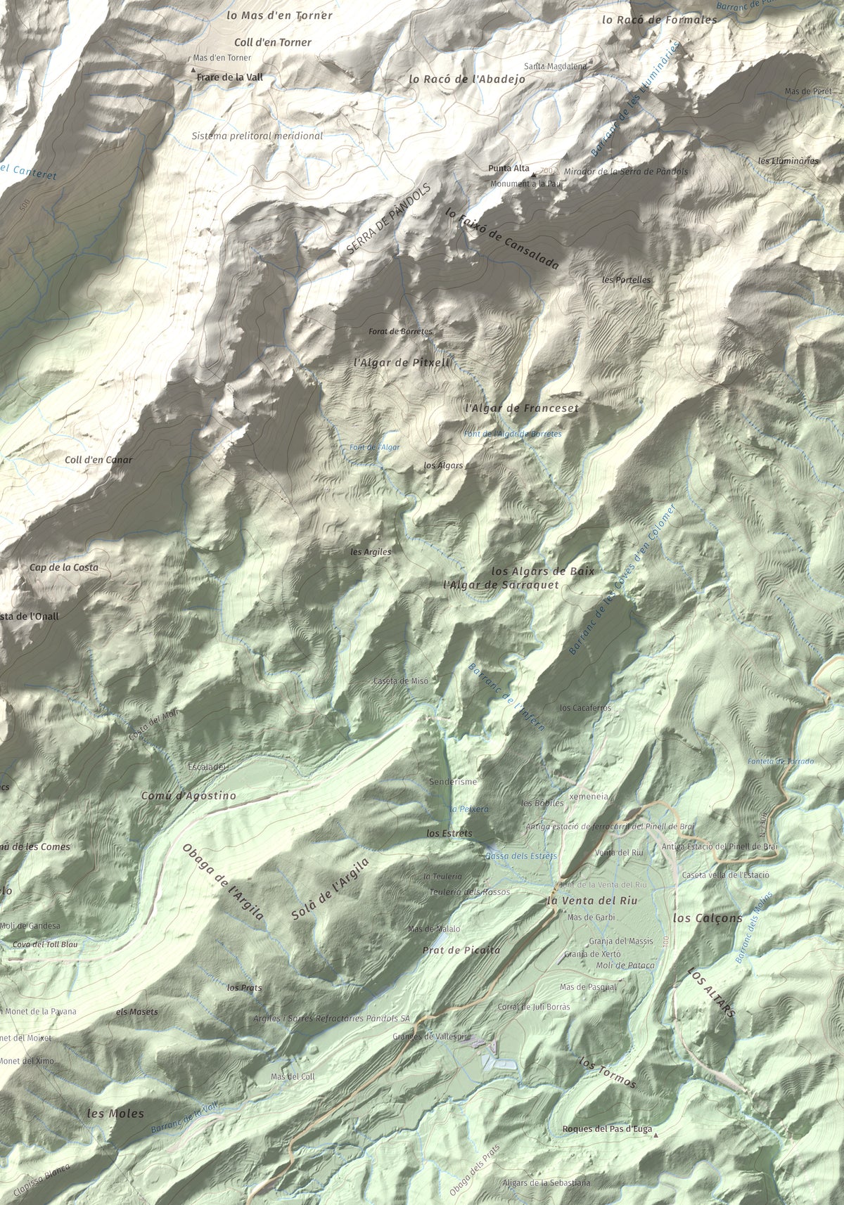 Mapa topográfico del relieve: Puig Cavaller, 706 m. Detalle de la zona inferior derecha. 70 × 100 cm.