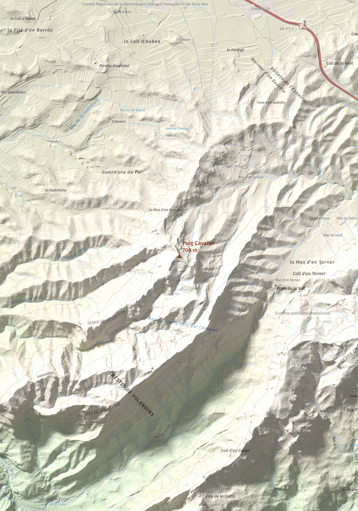 Mapa topográfico del relieve: Puig Cavaller, 706 m. Detalle de la zona central. 70 × 100 cm.
