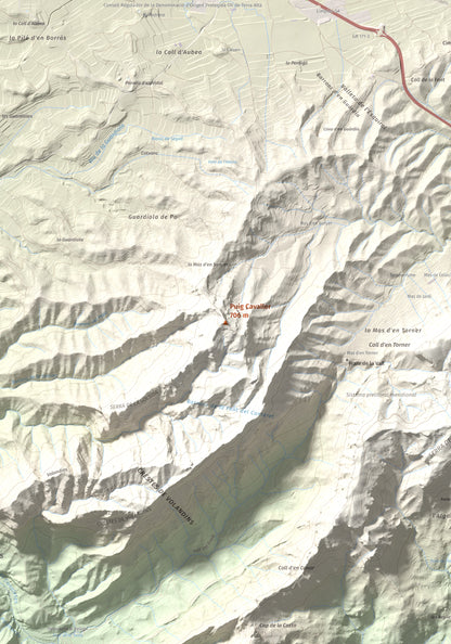 Mapa topográfico del relieve: Puig Cavaller, 706 m. Detalle de la zona central. 70 × 100 cm.