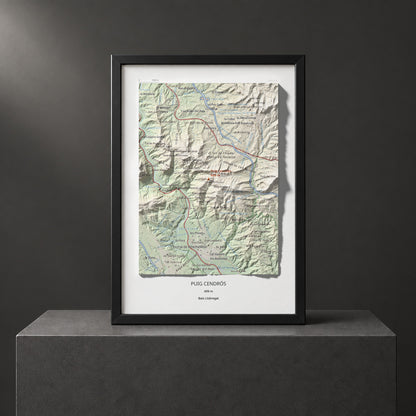 Mapa de relieve de Puig Cendrós, 499 m, Baix Llobregat, lámina 100 Cims de Trobart. Presentación enmarcada. 21 × 30 cm.
