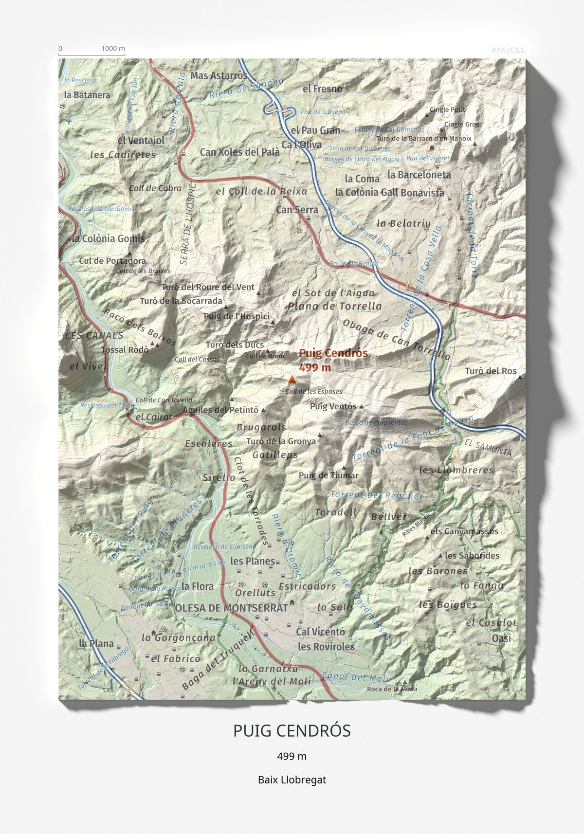 Mapa de relieve de Puig Cendrós, 499 m, Baix Llobregat, lámina 100 Cims de Trobart 21 × 30 cm.