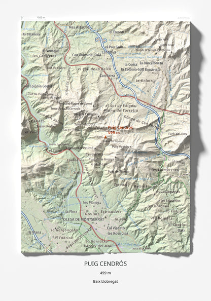 Mapa de relieve de Puig Cendrós, 499 m, Baix Llobregat, lámina 100 Cims de Trobart 21 × 30 cm.