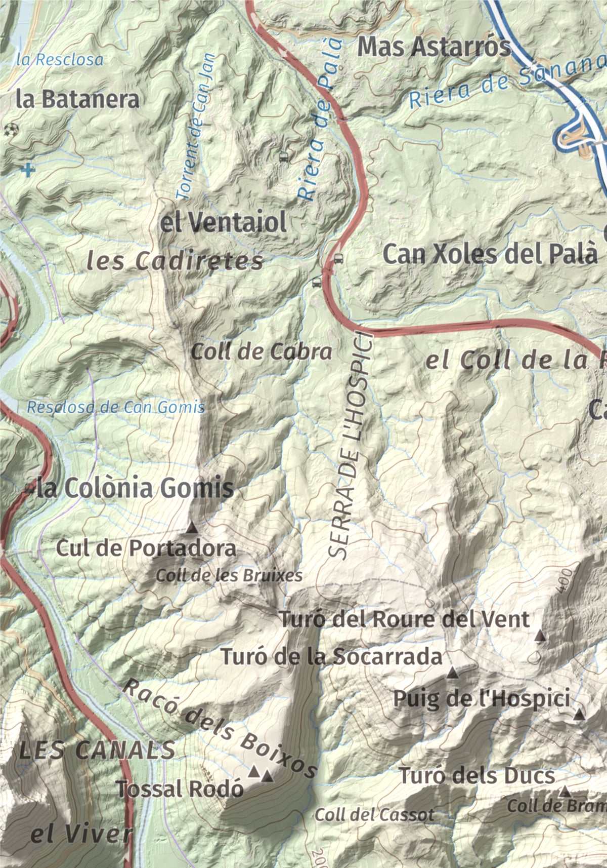 Mapa de relieve de Puig Cendrós, 499 m, Baix Llobregat, lámina 100 Cims de Trobart. Detalle de la zona superior izquierda. 21 × 30 cm.