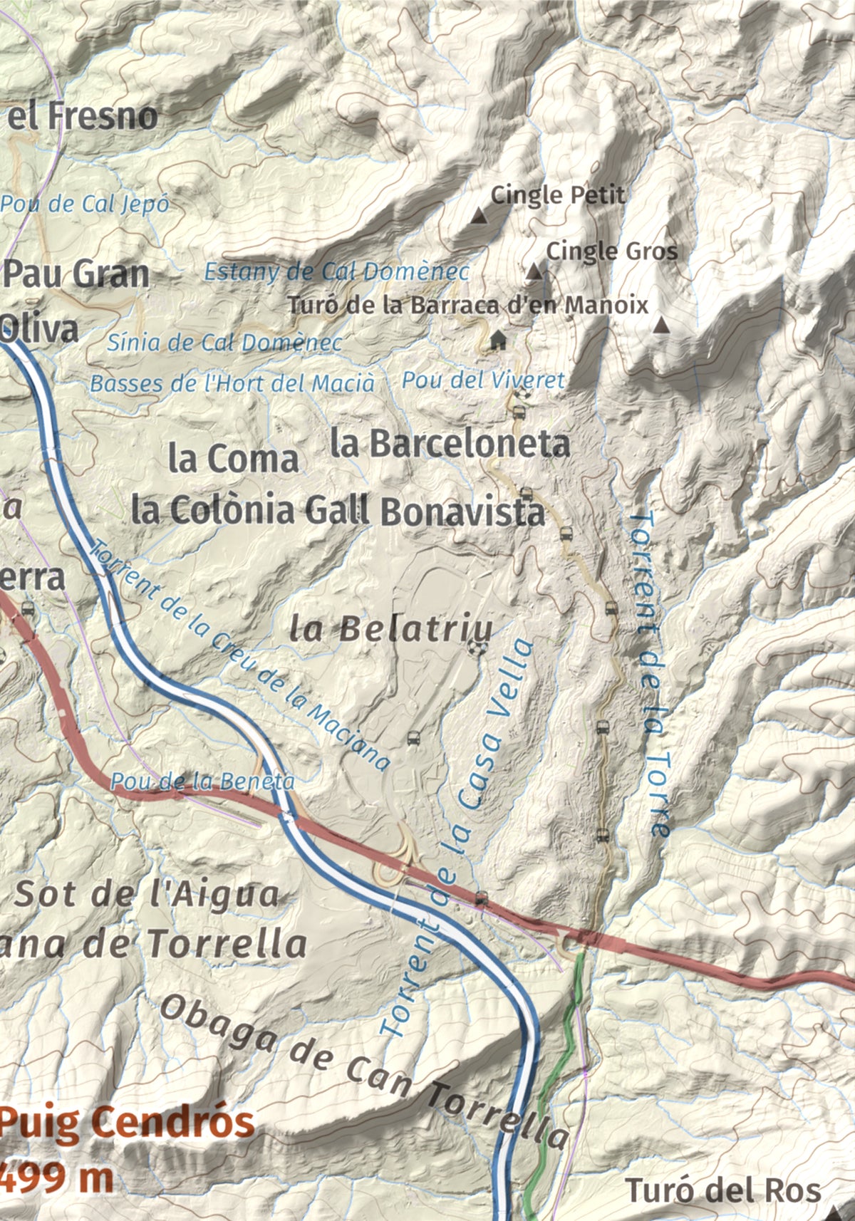 Mapa de relieve de Puig Cendrós, 499 m, Baix Llobregat, lámina 100 Cims de Trobart. Detalle de la zona superior derecha. 21 × 30 cm.