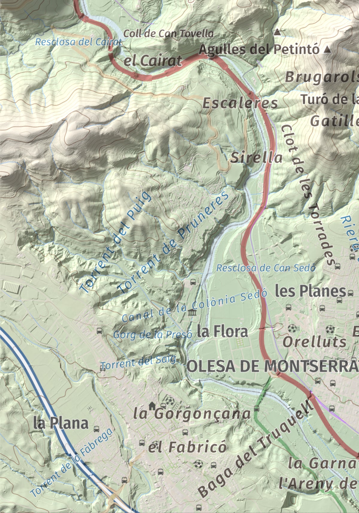 Mapa de relieve de Puig Cendrós, 499 m, Baix Llobregat, lámina 100 Cims de Trobart. Detalle de la zona inferior izquierda. 21 × 30 cm.