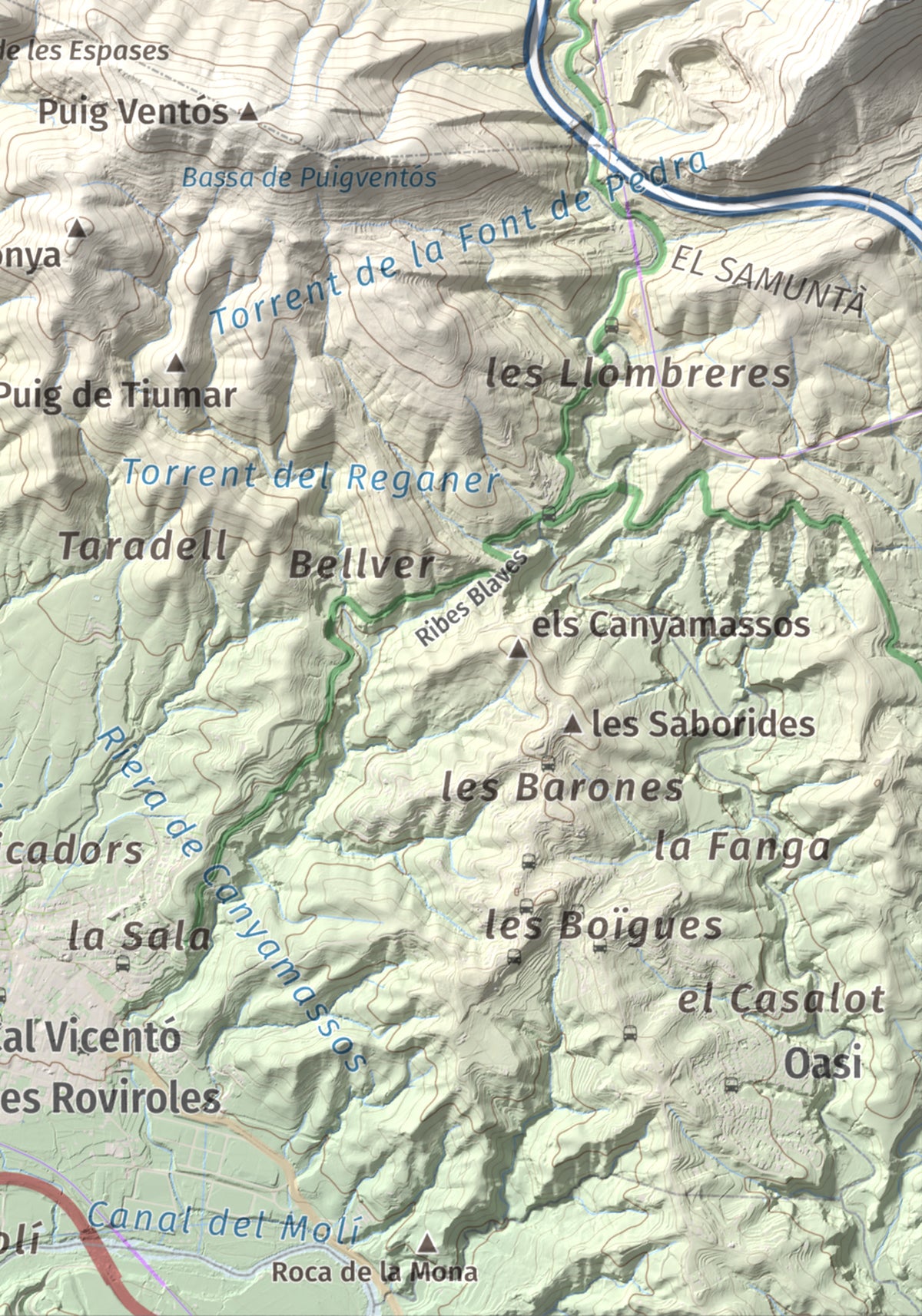Mapa de relieve de Puig Cendrós, 499 m, Baix Llobregat, lámina 100 Cims de Trobart. Detalle de la zona inferior derecha. 21 × 30 cm.