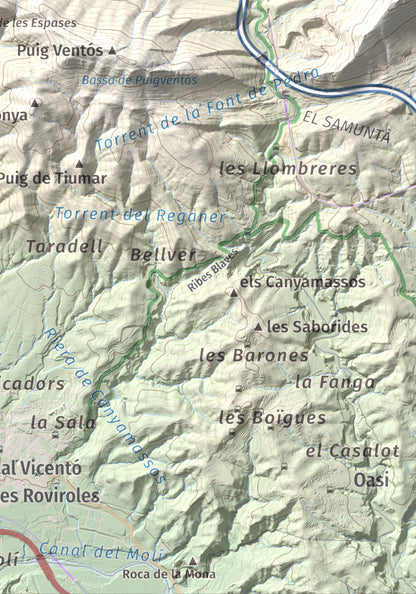 Mapa de relieve de Puig Cendrós, 499 m, Baix Llobregat, lámina 100 Cims de Trobart. Detalle de la zona inferior derecha. 21 × 30 cm.
