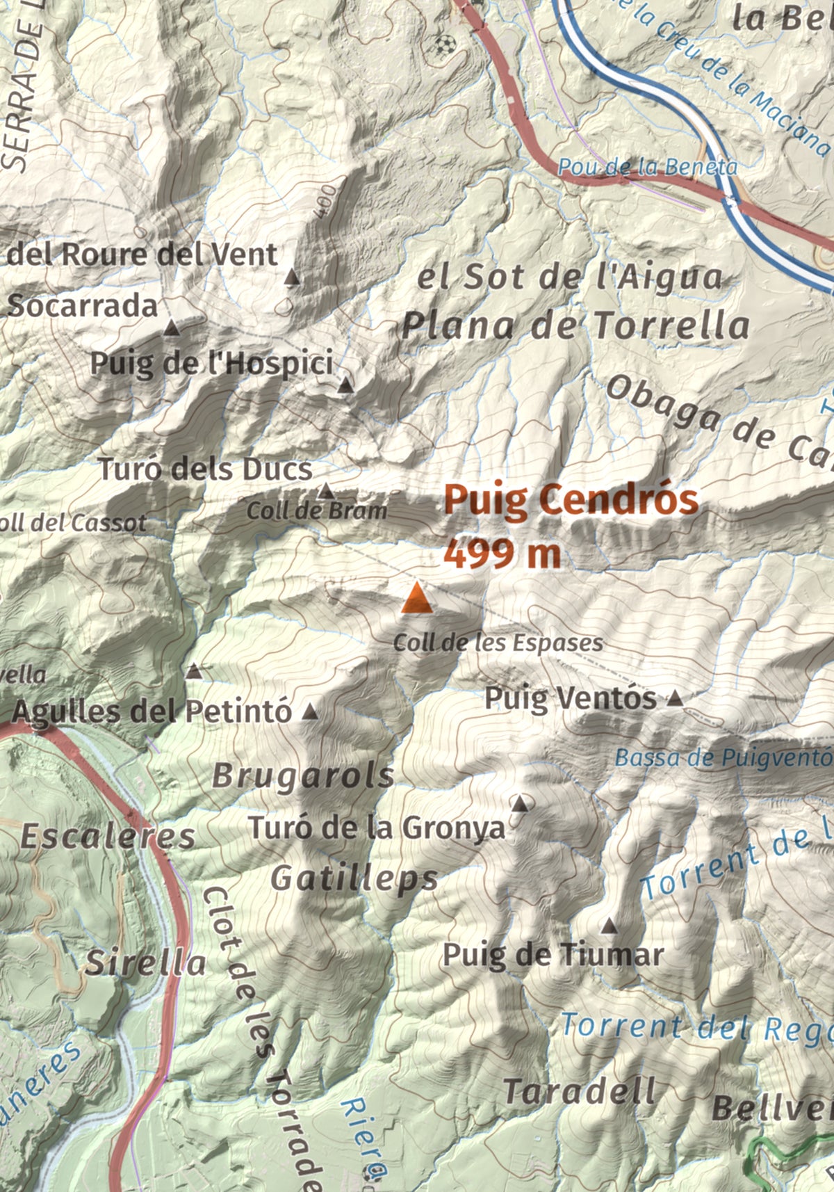 Mapa de relieve de Puig Cendrós, 499 m, Baix Llobregat, lámina 100 Cims de Trobart. Detalle de la zona central. 21 × 30 cm.