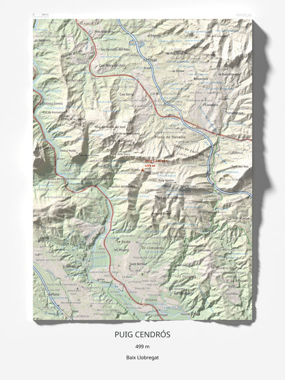 Mapa de relieve de Puig Cendrós, 499 m, Baix Llobregat, lámina 100 Cims de Trobart 30 × 40 cm.