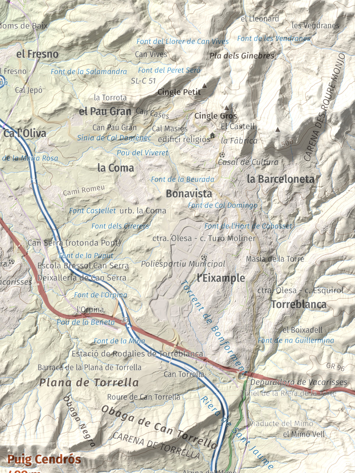 Mapa de relieve de Puig Cendrós, 499 m, Baix Llobregat, lámina 100 Cims de Trobart. Detalle de la zona superior derecha. 30 × 40 cm.
