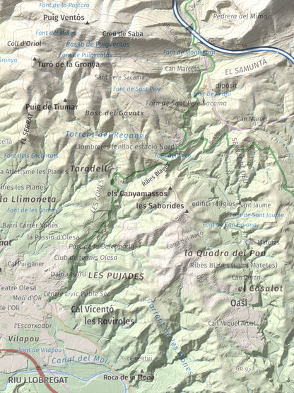 Mapa de relieve de Puig Cendrós, 499 m, Baix Llobregat, lámina 100 Cims de Trobart. Detalle de la zona inferior derecha. 30 × 40 cm.