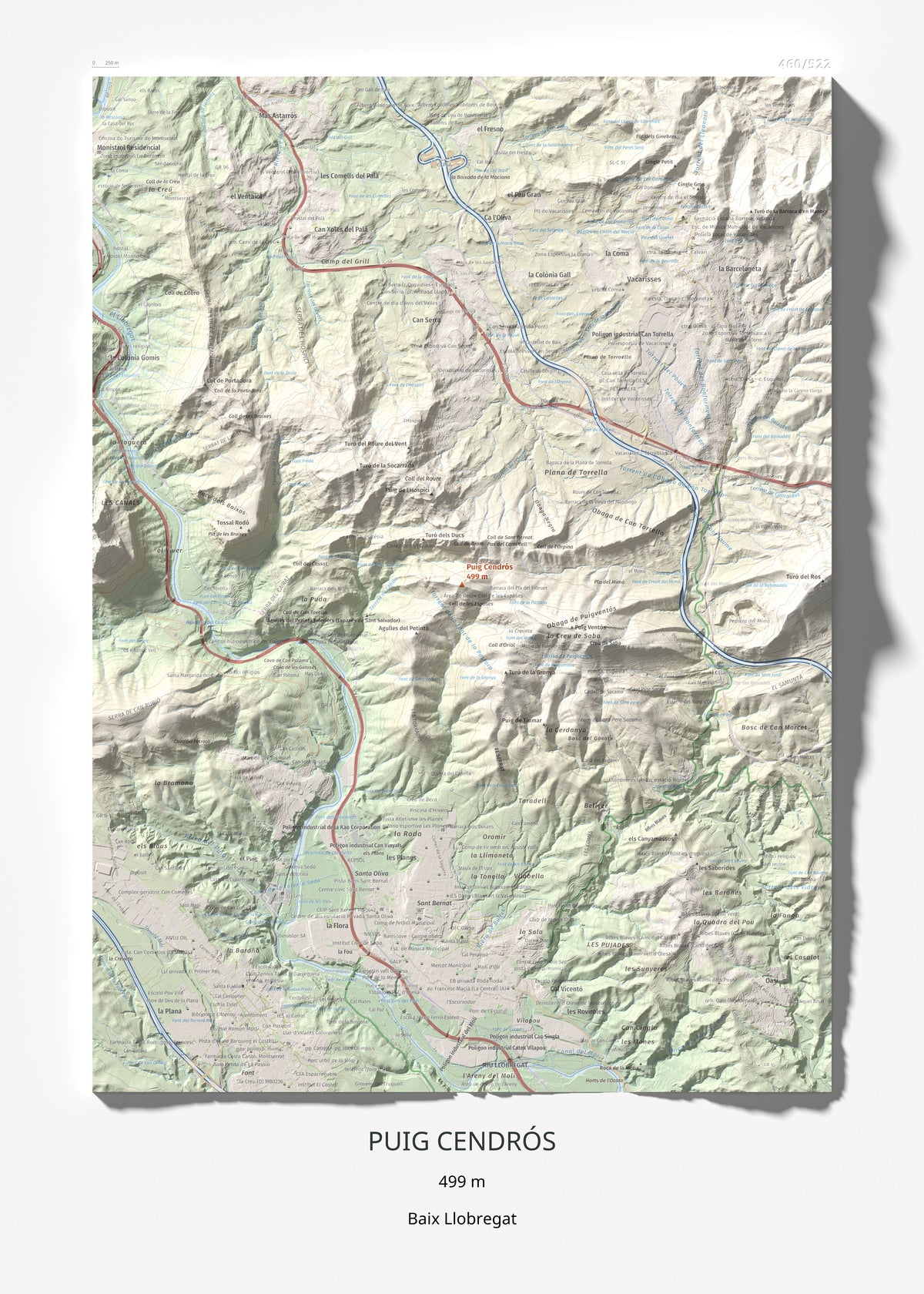 Mapa de relieve de Puig Cendrós, 499 m, Baix Llobregat, lámina 100 Cims de Trobart 50 × 70 cm.