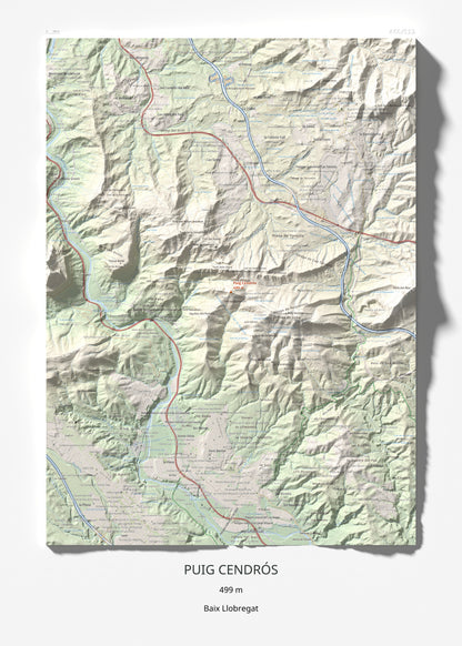 Mapa de relieve de Puig Cendrós, 499 m, Baix Llobregat, lámina 100 Cims de Trobart 50 × 70 cm.