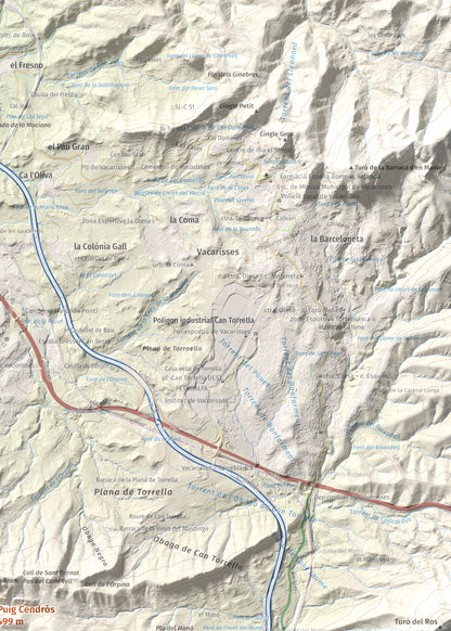 Mapa de relieve de Puig Cendrós, 499 m, Baix Llobregat, lámina 100 Cims de Trobart. Detalle de la zona superior derecha. 50 × 70 cm.