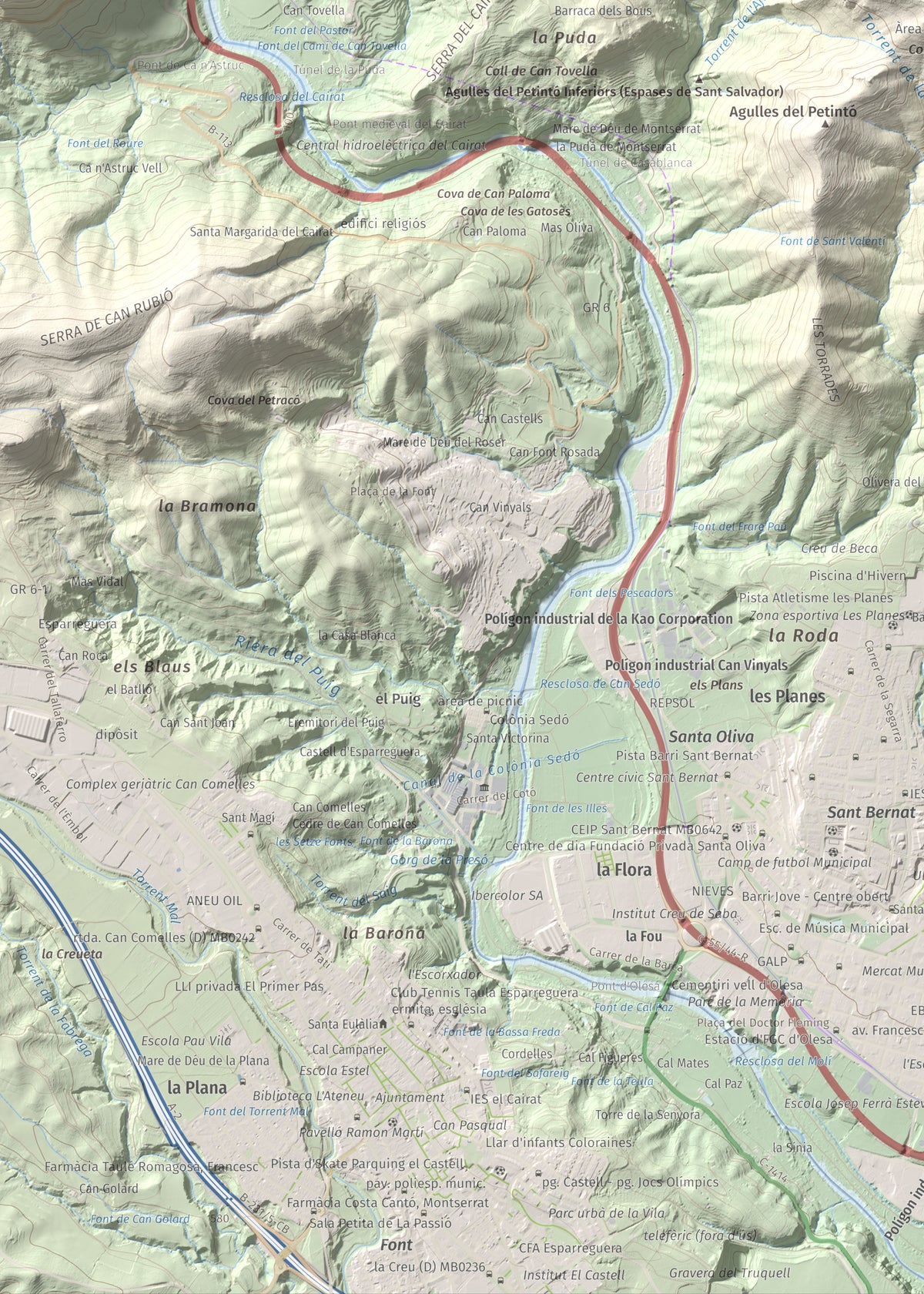 Mapa de relieve de Puig Cendrós, 499 m, Baix Llobregat, lámina 100 Cims de Trobart. Detalle de la zona inferior izquierda. 50 × 70 cm.