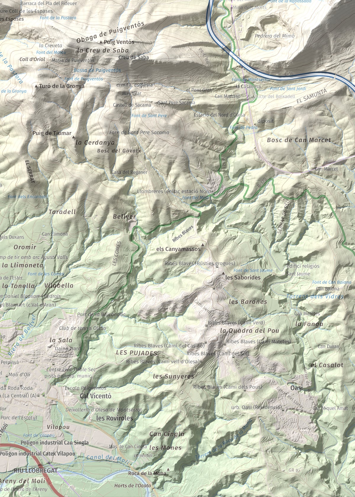 Mapa de relieve de Puig Cendrós, 499 m, Baix Llobregat, lámina 100 Cims de Trobart. Detalle de la zona inferior derecha. 50 × 70 cm.