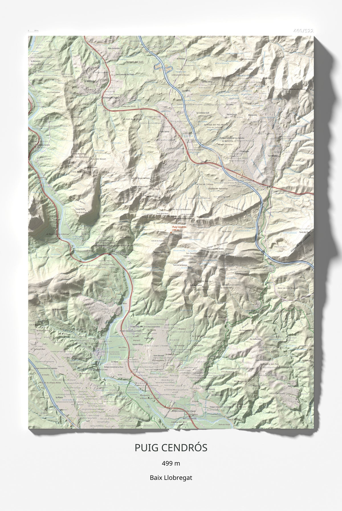 Mapa de relieve de Puig Cendrós, 499 m, Baix Llobregat, lámina 100 Cims de Trobart 61 × 91 cm.