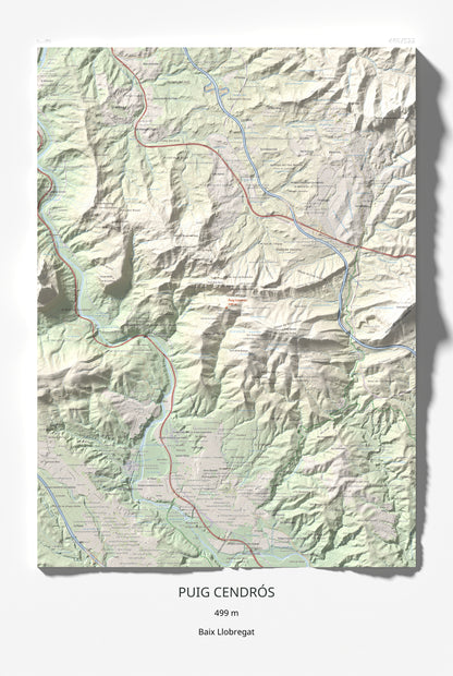 Mapa de relieve de Puig Cendrós, 499 m, Baix Llobregat, lámina 100 Cims de Trobart 61 × 91 cm.
