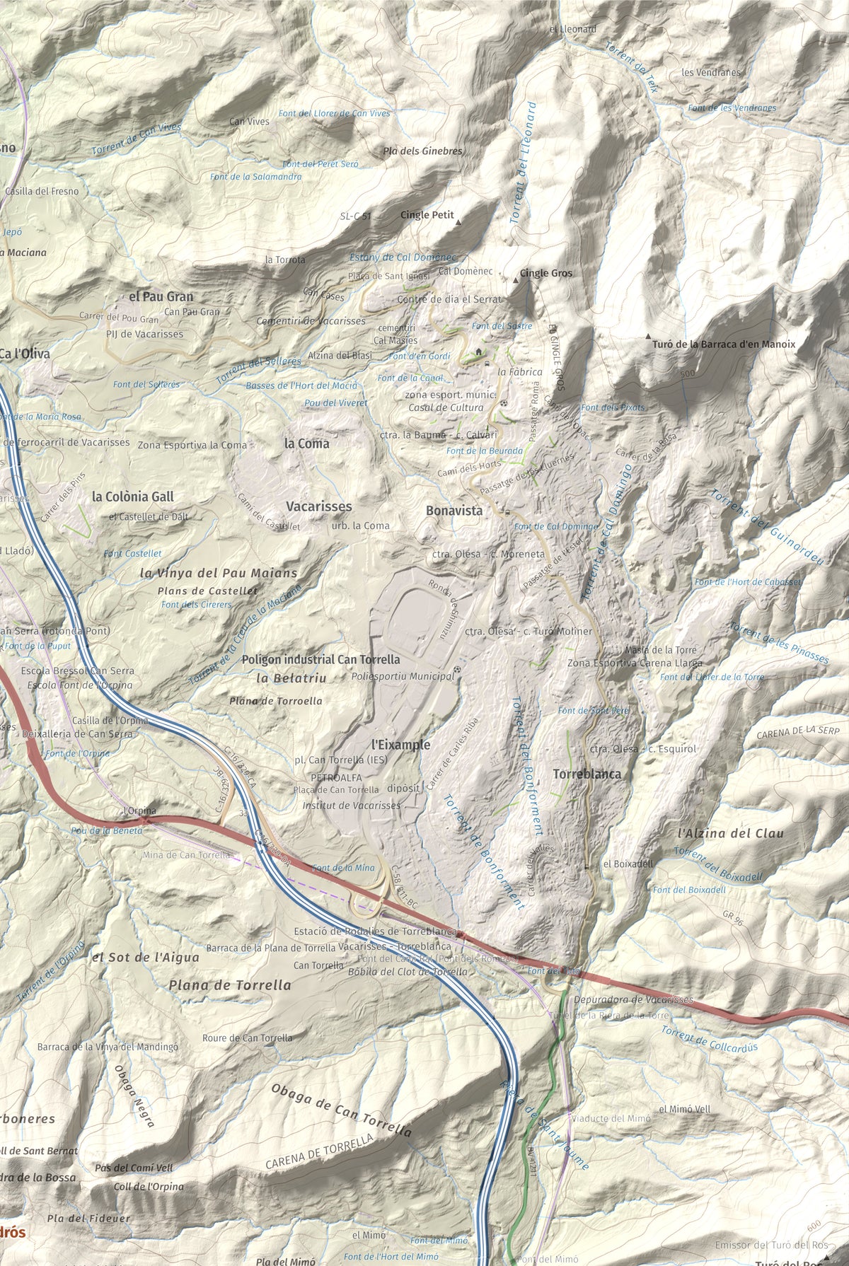 Mapa de relieve de Puig Cendrós, 499 m, Baix Llobregat, lámina 100 Cims de Trobart. Detalle de la zona superior derecha. 61 × 91 cm.