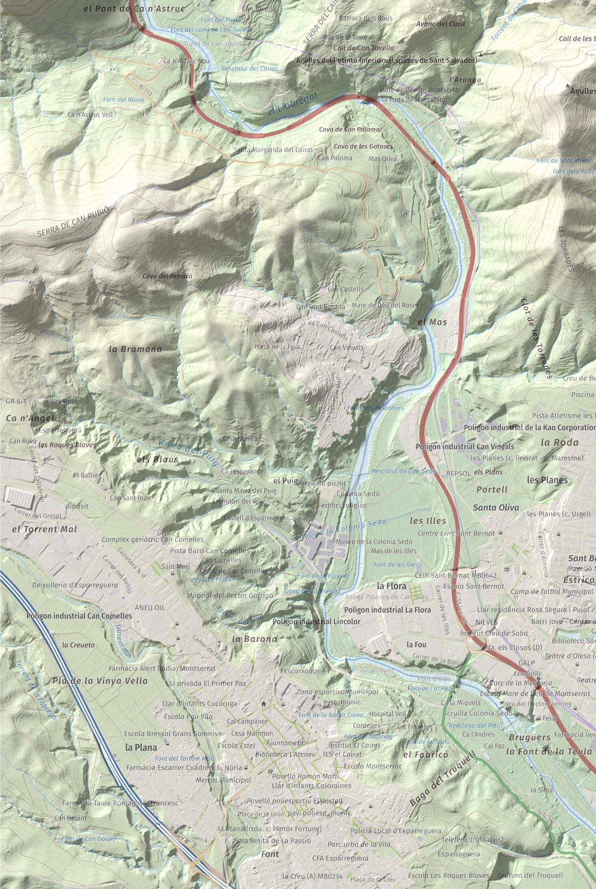 Mapa de relieve de Puig Cendrós, 499 m, Baix Llobregat, lámina 100 Cims de Trobart. Detalle de la zona inferior izquierda. 61 × 91 cm.