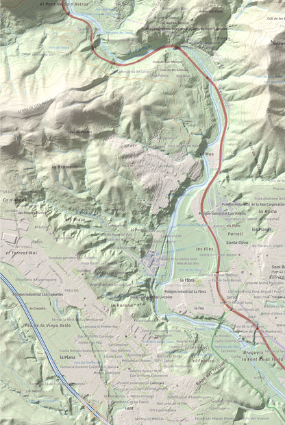 Mapa de relieve de Puig Cendrós, 499 m, Baix Llobregat, lámina 100 Cims de Trobart. Detalle de la zona inferior izquierda. 61 × 91 cm.