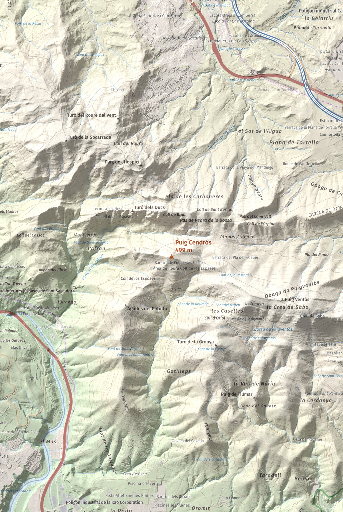 Mapa de relieve de Puig Cendrós, 499 m, Baix Llobregat, lámina 100 Cims de Trobart. Detalle de la zona central. 61 × 91 cm.