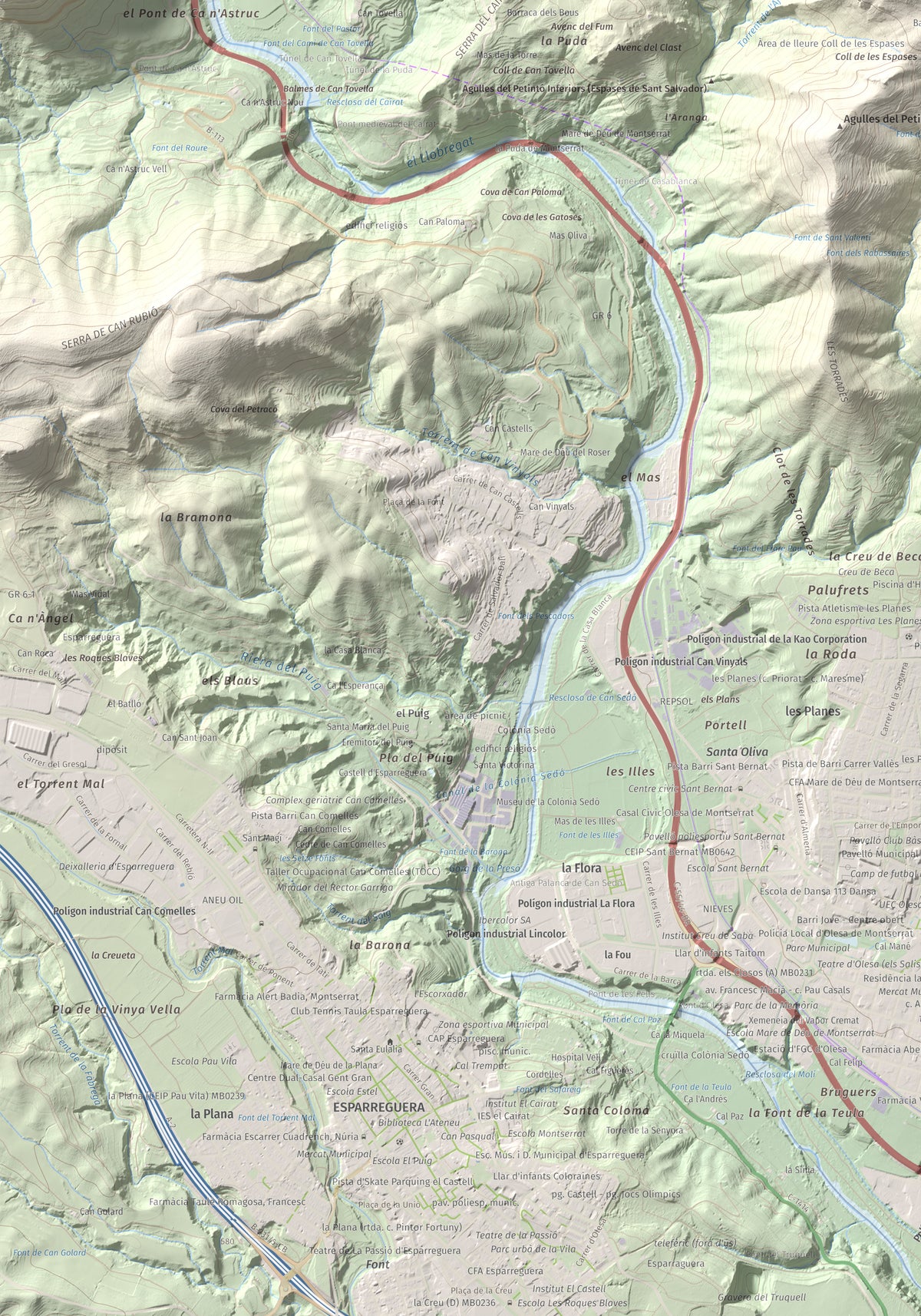 Mapa de relieve de Puig Cendrós, 499 m, Baix Llobregat, lámina 100 Cims de Trobart. Detalle de la zona inferior izquierda. 70 × 100 cm.