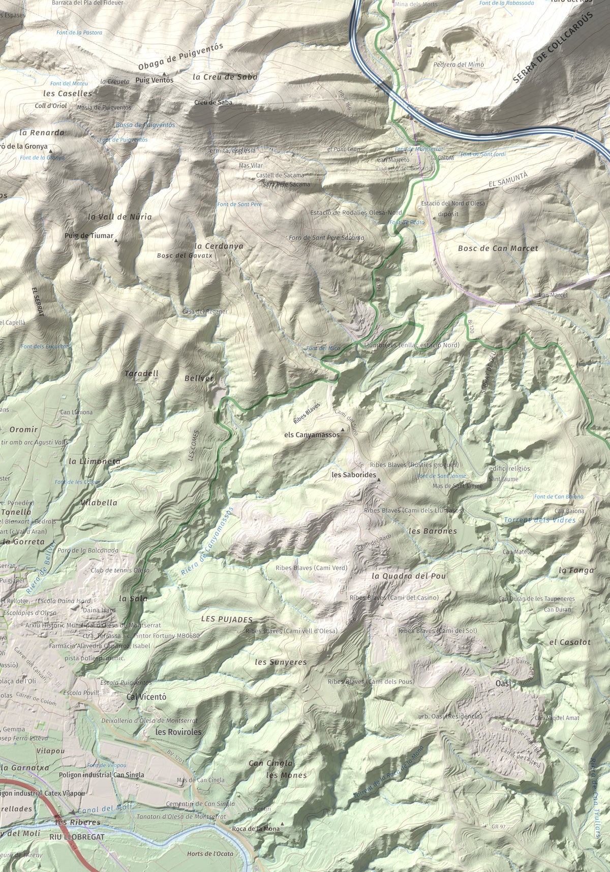 Mapa de relieve de Puig Cendrós, 499 m, Baix Llobregat, lámina 100 Cims de Trobart. Detalle de la zona inferior derecha. 70 × 100 cm.