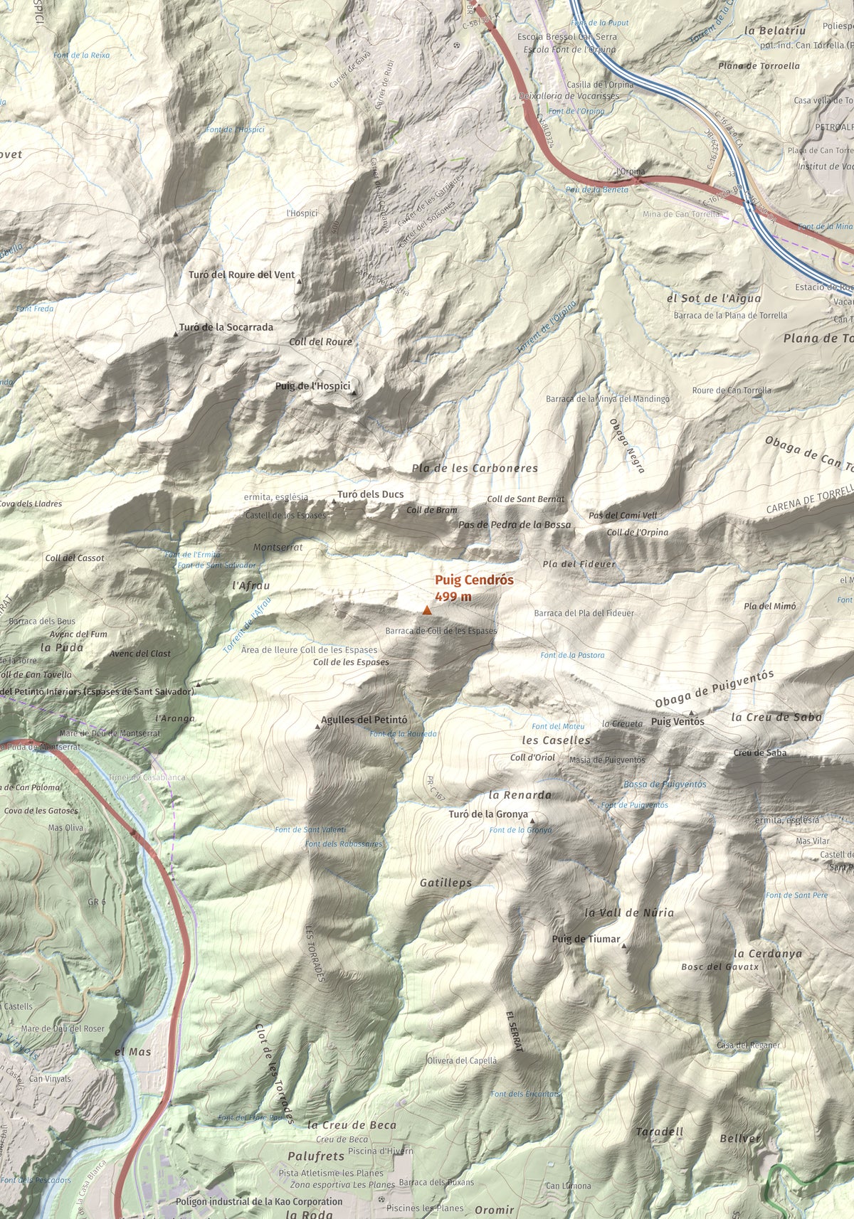 Mapa de relieve de Puig Cendrós, 499 m, Baix Llobregat, lámina 100 Cims de Trobart. Detalle de la zona central. 70 × 100 cm.