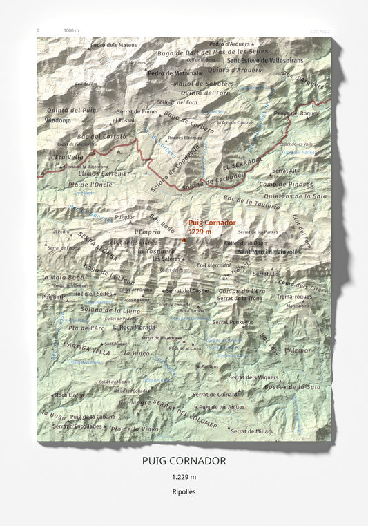 Mapa de relieve de Puig Cornador, 1229 m, Ripollès, lámina 100 Cims de Trobart 21 × 30 cm.