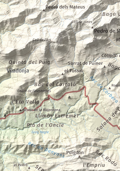 Mapa de relieve de Puig Cornador, 1229 m, Ripollès, lámina 100 Cims de Trobart. Detalle de la zona superior izquierda. 21 × 30 cm.