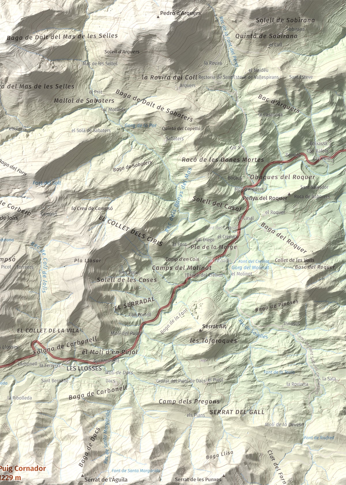 Mapa de relieve de Puig Cornador, 1229 m, Ripollès, lámina 100 Cims de Trobart. Detalle de la zona superior derecha. 50 × 70 cm.