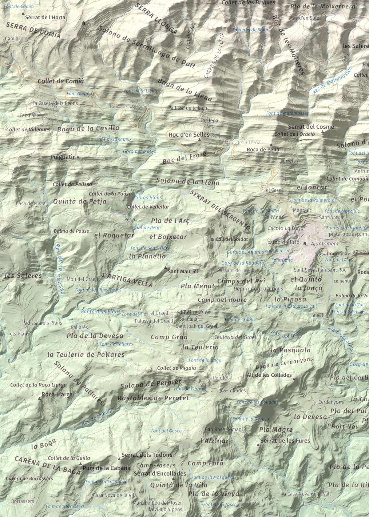 Mapa de relieve de Puig Cornador, 1229 m, Ripollès, lámina 100 Cims de Trobart. Detalle de la zona inferior izquierda. 50 × 70 cm.