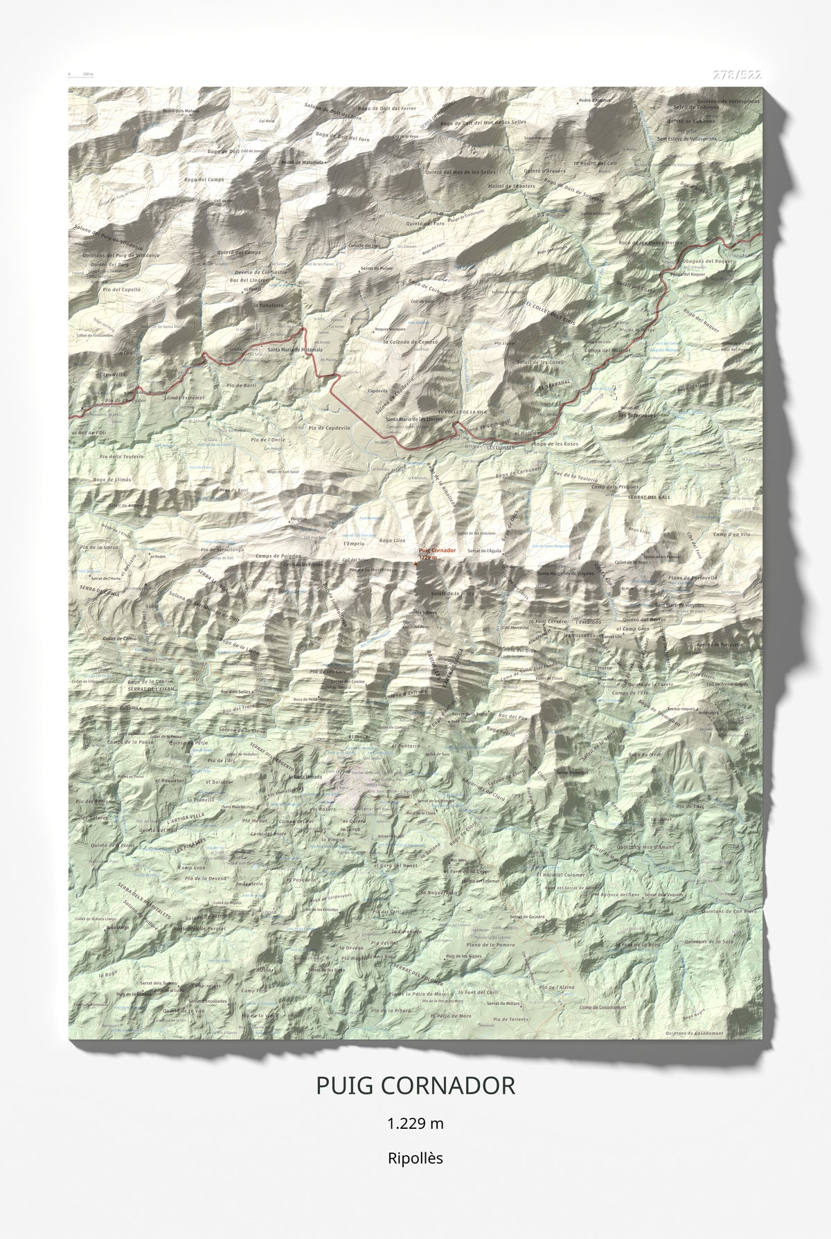 Mapa de relieve de Puig Cornador, 1229 m, Ripollès, lámina 100 Cims de Trobart 61 × 91 cm.