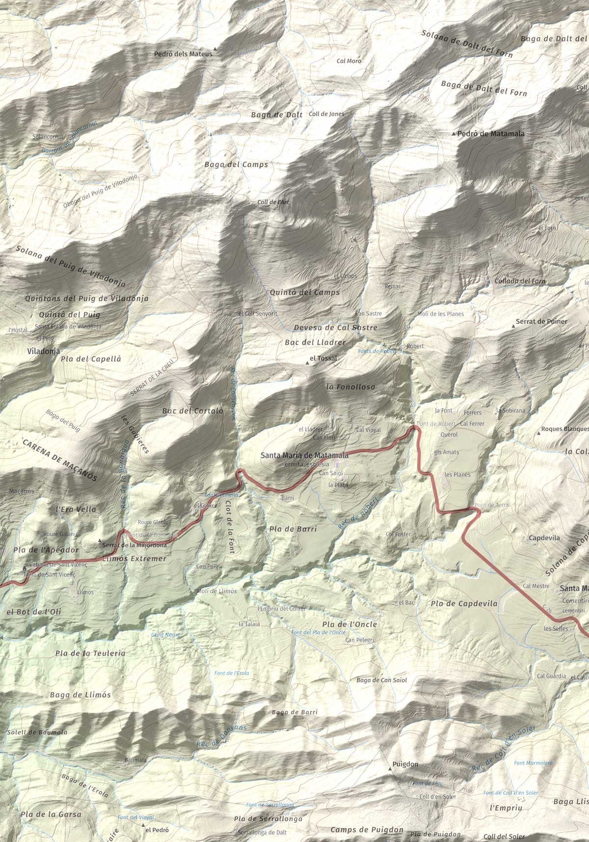 Mapa de relieve de Puig Cornador, 1229 m, Ripollès, lámina 100 Cims de Trobart. Detalle de la zona superior izquierda. 70 × 100 cm.