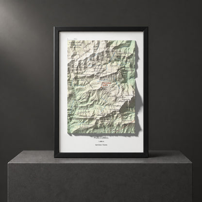 Mapa de relieve de Puig Cubell, 1488 m, Garrotxa · Osona, lámina 100 Cims de Trobart. Presentación enmarcada. 21 × 30 cm.