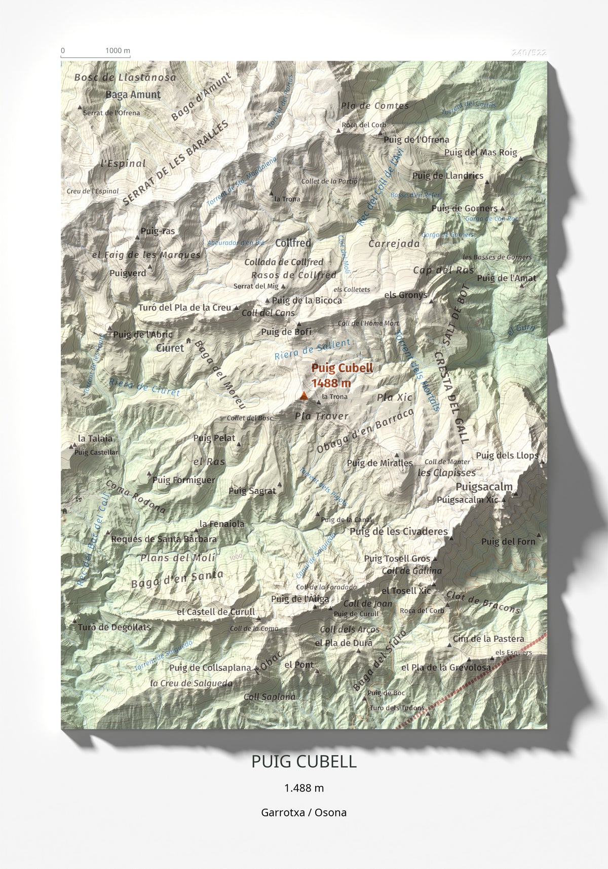 Mapa de relieve de Puig Cubell, 1488 m, Garrotxa · Osona, lámina 100 Cims de Trobart 21 × 30 cm.