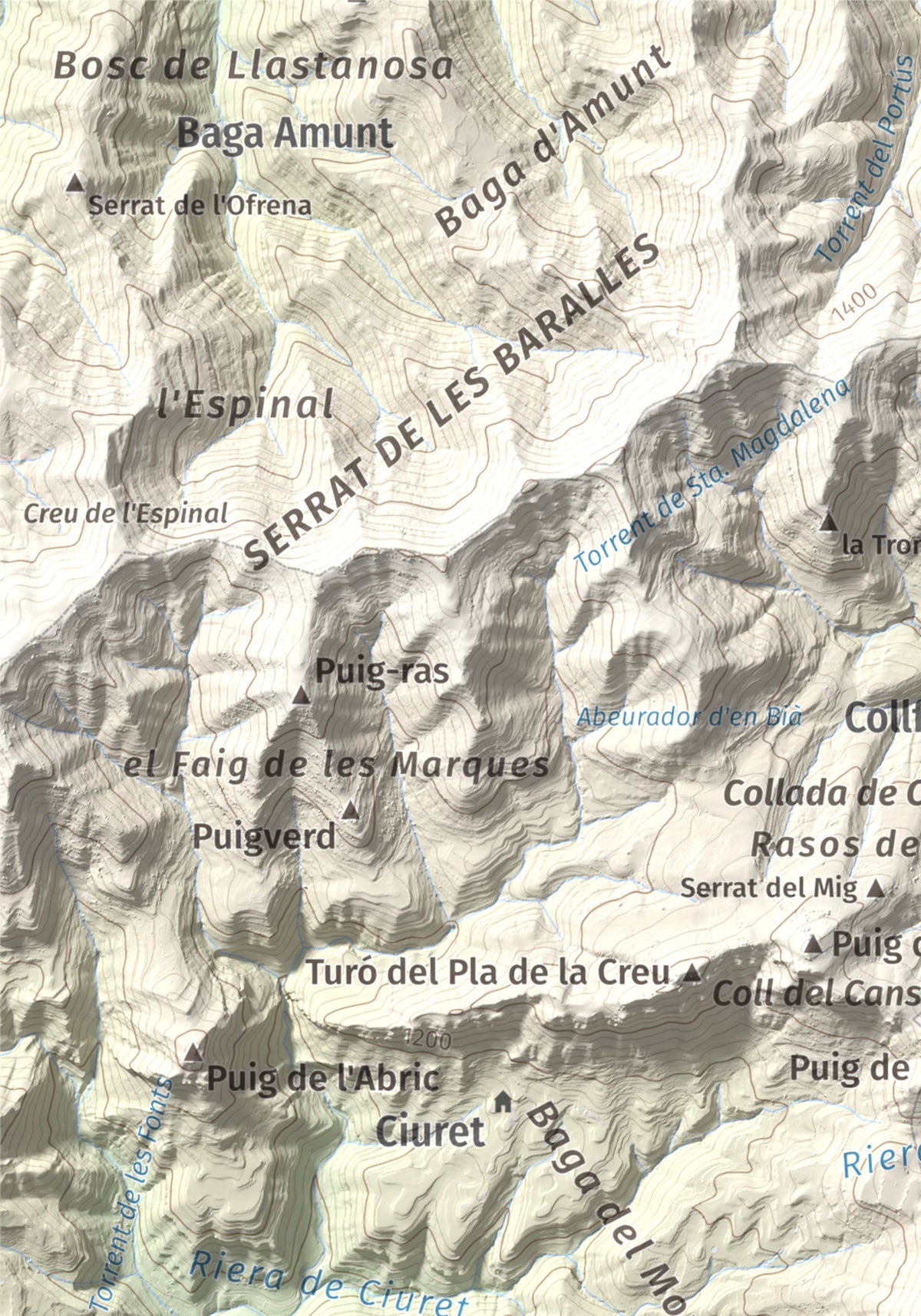 Mapa de relieve de Puig Cubell, 1488 m, Garrotxa · Osona, lámina 100 Cims de Trobart. Detalle de la zona superior izquierda. 21 × 30 cm.