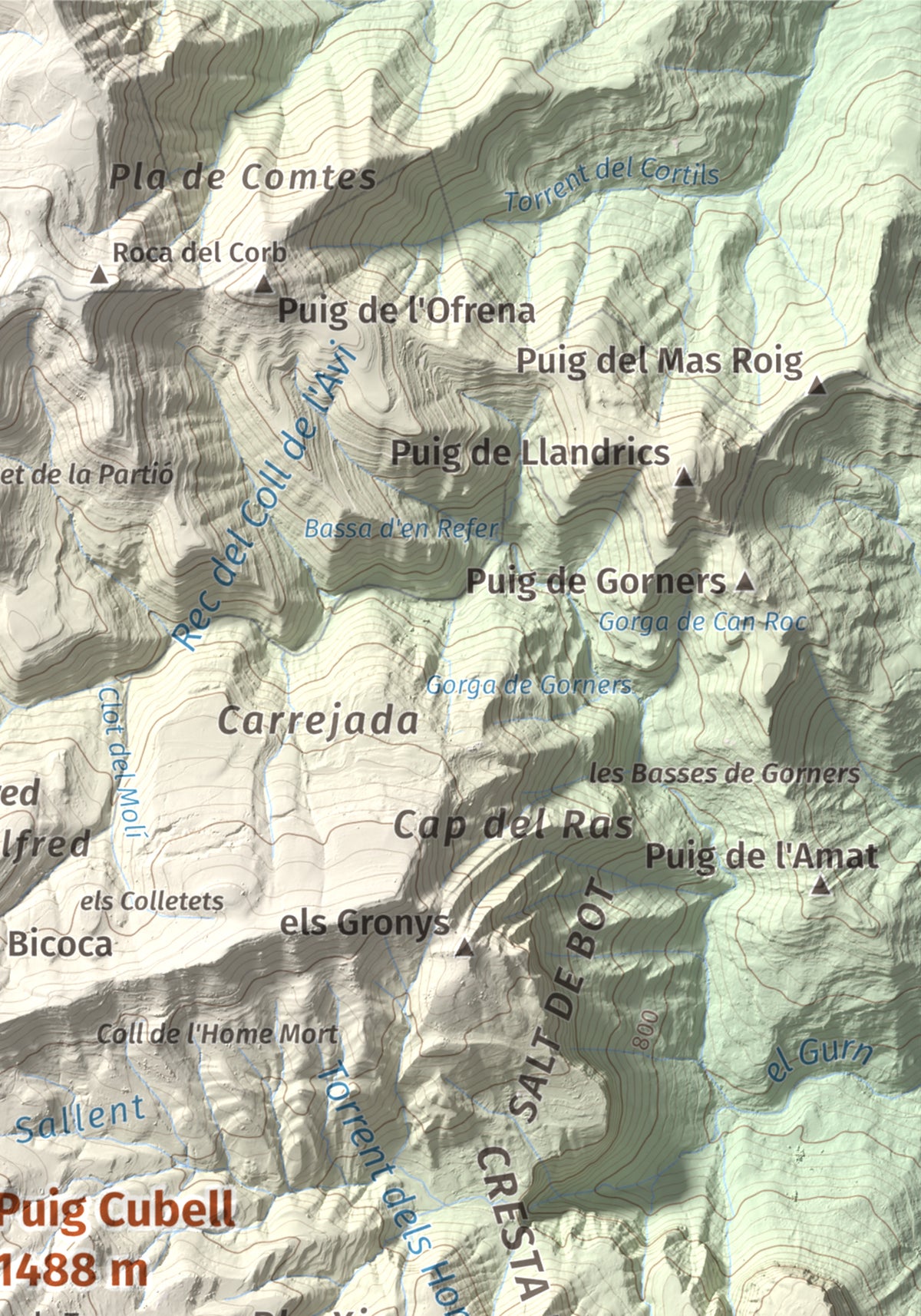 Mapa de relieve de Puig Cubell, 1488 m, Garrotxa · Osona, lámina 100 Cims de Trobart. Detalle de la zona superior derecha. 21 × 30 cm.