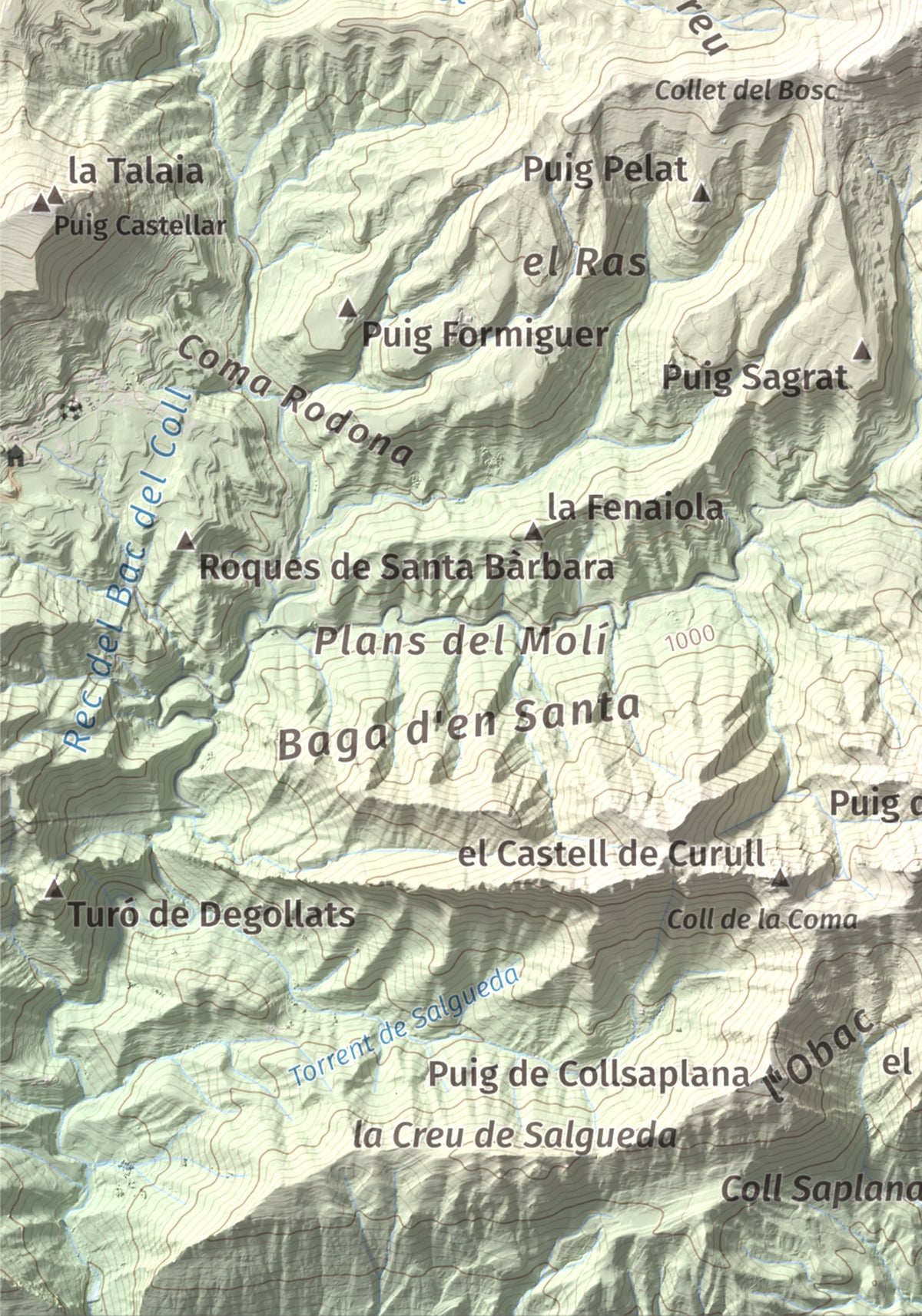 Mapa de relieve de Puig Cubell, 1488 m, Garrotxa · Osona, lámina 100 Cims de Trobart. Detalle de la zona inferior izquierda. 21 × 30 cm.