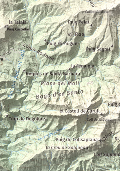 Mapa de relieve de Puig Cubell, 1488 m, Garrotxa · Osona, lámina 100 Cims de Trobart. Detalle de la zona inferior izquierda. 21 × 30 cm.