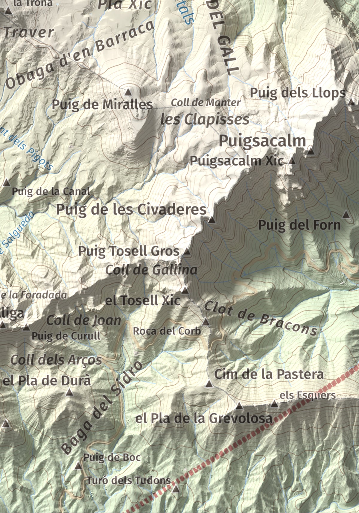 Mapa de relieve de Puig Cubell, 1488 m, Garrotxa · Osona, lámina 100 Cims de Trobart. Detalle de la zona inferior derecha. 21 × 30 cm.