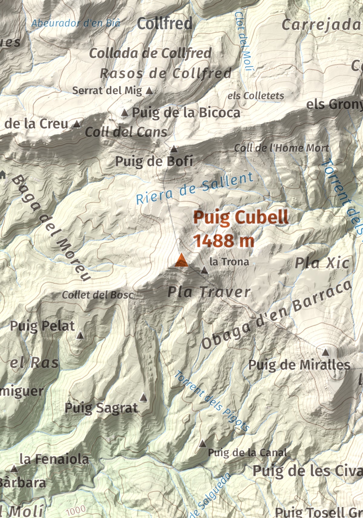 Mapa de relieve de Puig Cubell, 1488 m, Garrotxa · Osona, lámina 100 Cims de Trobart. Detalle de la zona central. 21 × 30 cm.