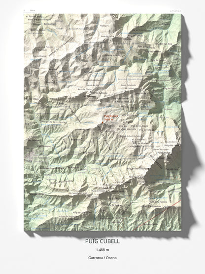 Mapa de relieve de Puig Cubell, 1488 m, Garrotxa · Osona, lámina 100 Cims de Trobart 30 × 40 cm.