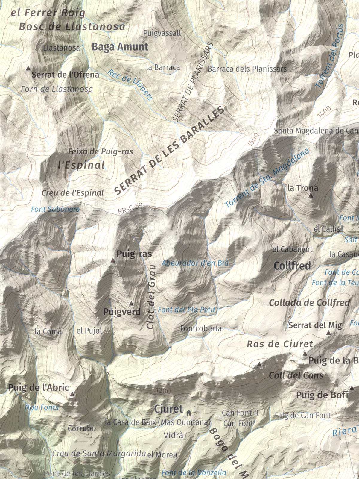 Mapa de relieve de Puig Cubell, 1488 m, Garrotxa · Osona, lámina 100 Cims de Trobart. Detalle de la zona superior izquierda. 30 × 40 cm.