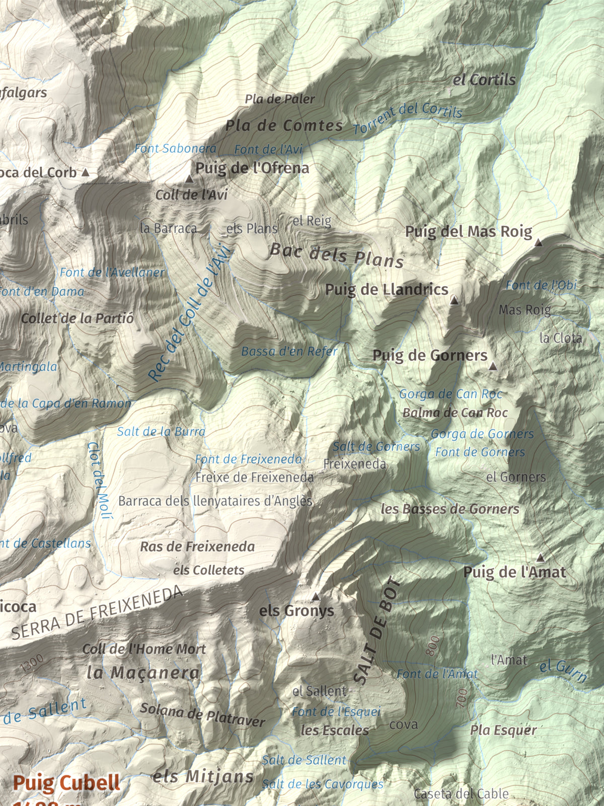 Mapa de relieve de Puig Cubell, 1488 m, Garrotxa · Osona, lámina 100 Cims de Trobart. Detalle de la zona superior derecha. 30 × 40 cm.