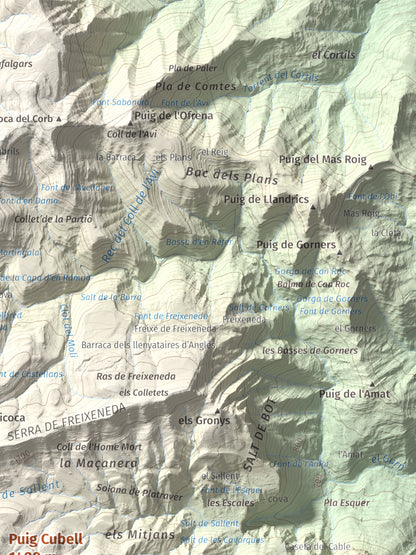 Mapa de relieve de Puig Cubell, 1488 m, Garrotxa · Osona, lámina 100 Cims de Trobart. Detalle de la zona superior derecha. 30 × 40 cm.