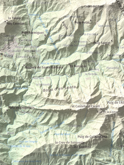 Mapa de relieve de Puig Cubell, 1488 m, Garrotxa · Osona, lámina 100 Cims de Trobart. Detalle de la zona inferior izquierda. 30 × 40 cm.