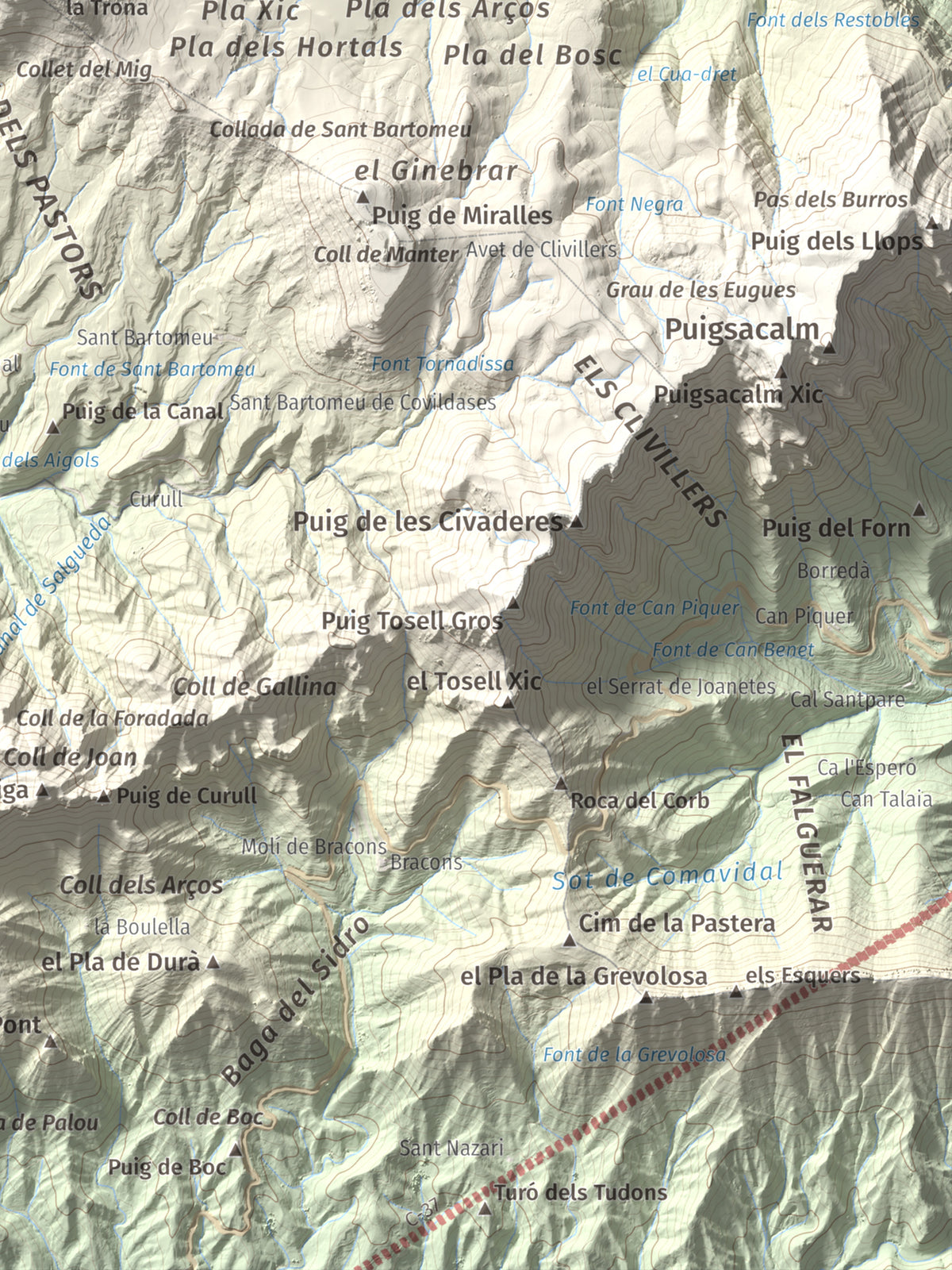 Mapa de relieve de Puig Cubell, 1488 m, Garrotxa · Osona, lámina 100 Cims de Trobart. Detalle de la zona inferior derecha. 30 × 40 cm.